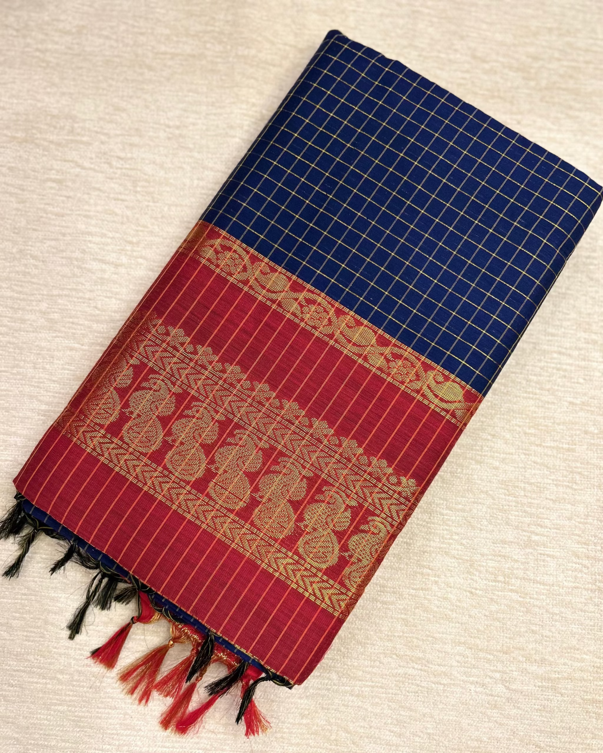 Kalyani Cotton Checkered Saree Red and Green