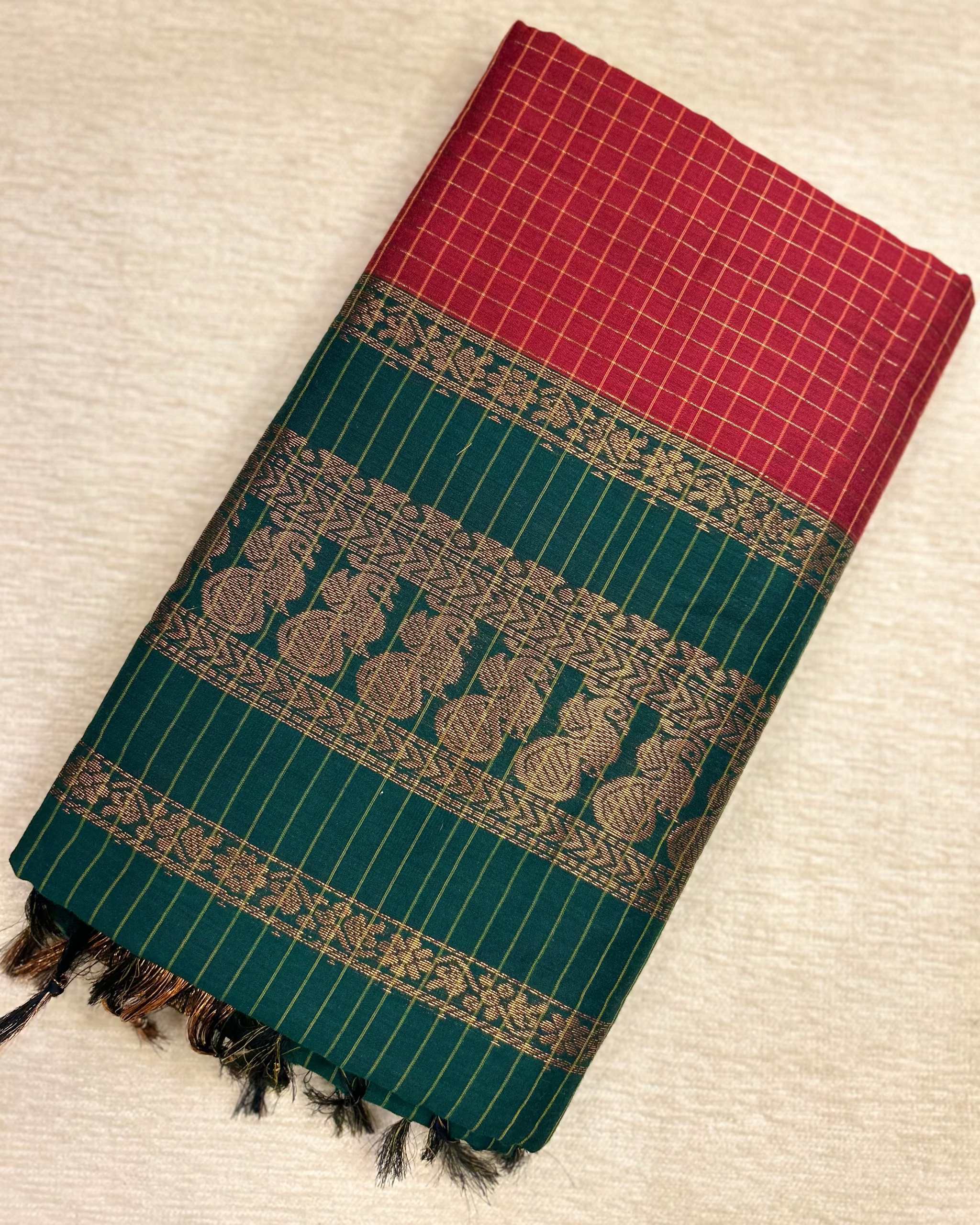 Kalyani Cotton Checkered Saree Red and Green