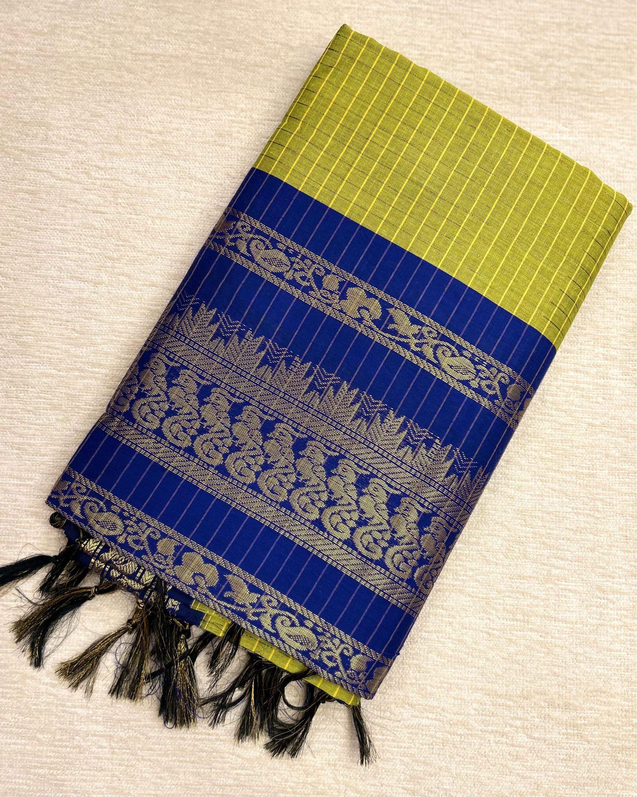 Kalyani Cotton Checkered Saree Green and Blue