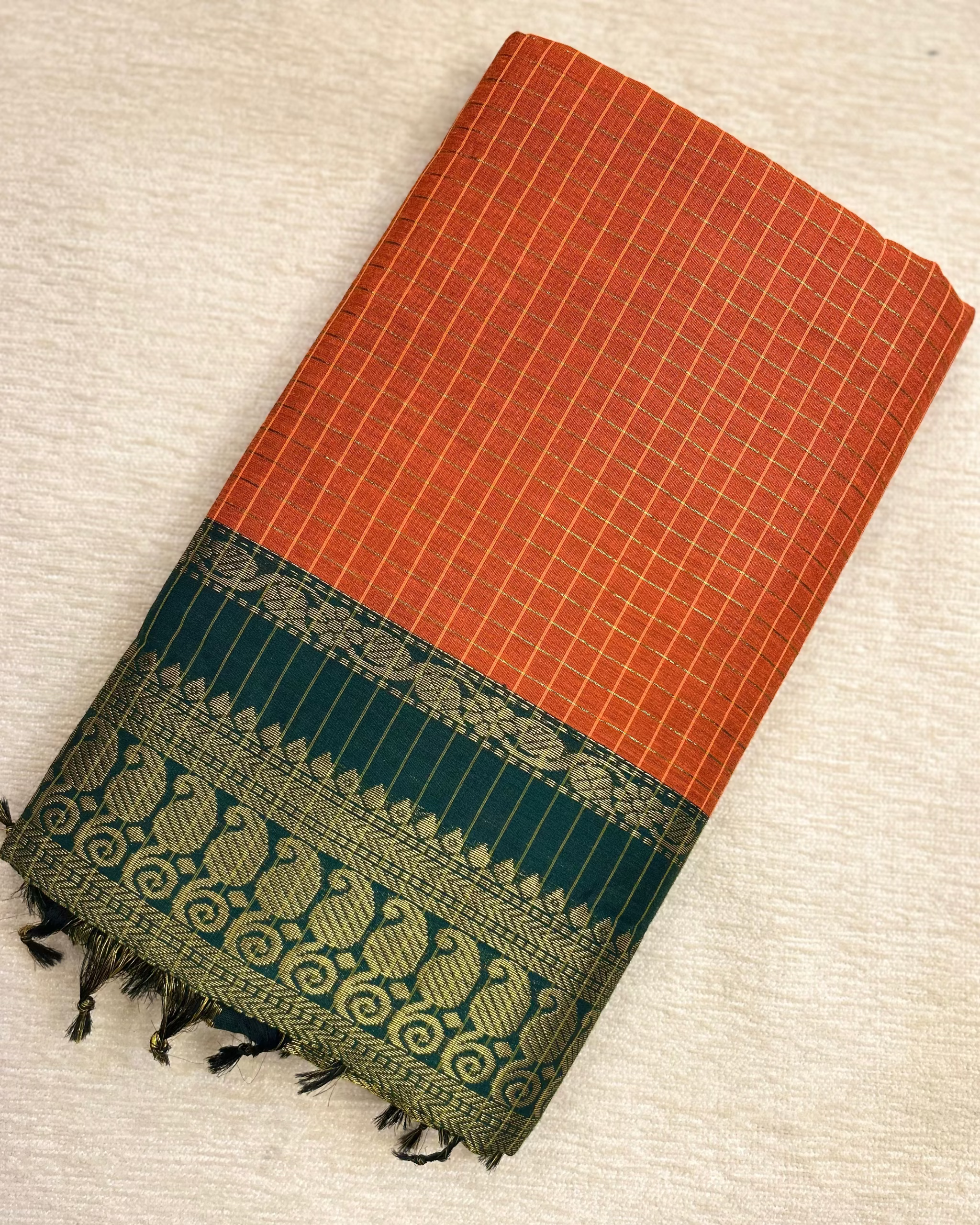 Kalyani Cotton Checkered Saree Orange and Green