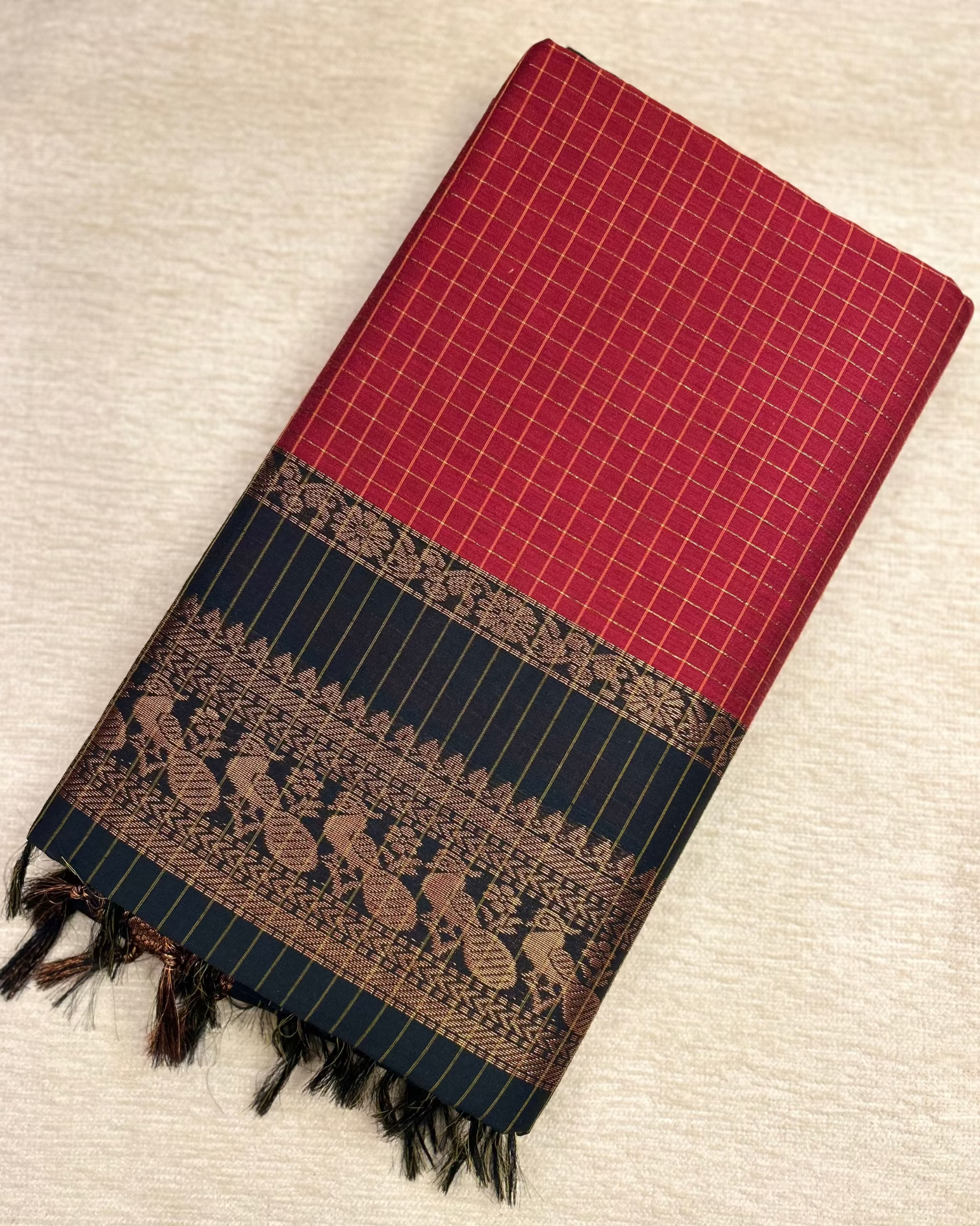 Kalyani Cotton Checkered Saree Red and Green