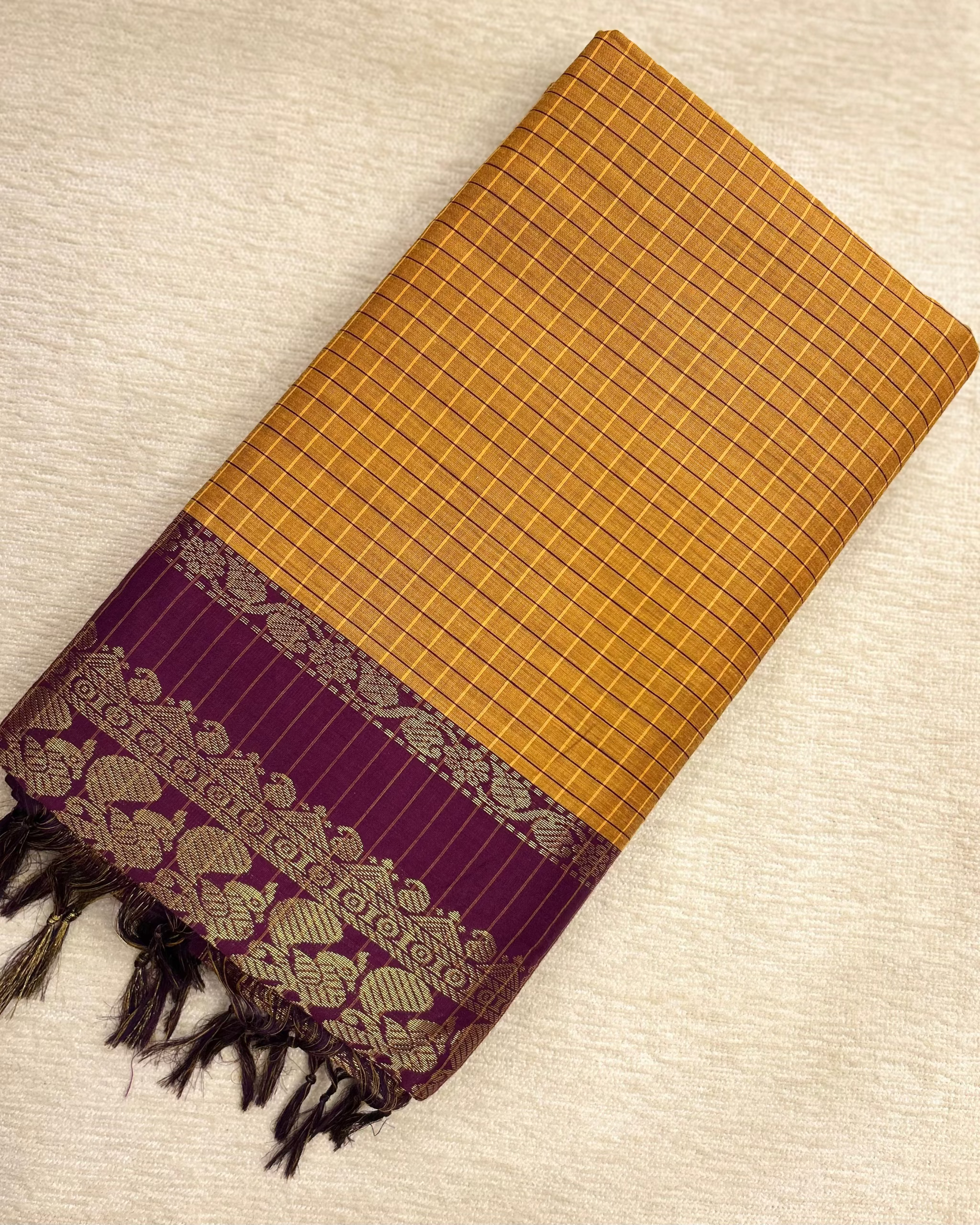 Kalyani Cotton Checkered Saree Yellow and Pink