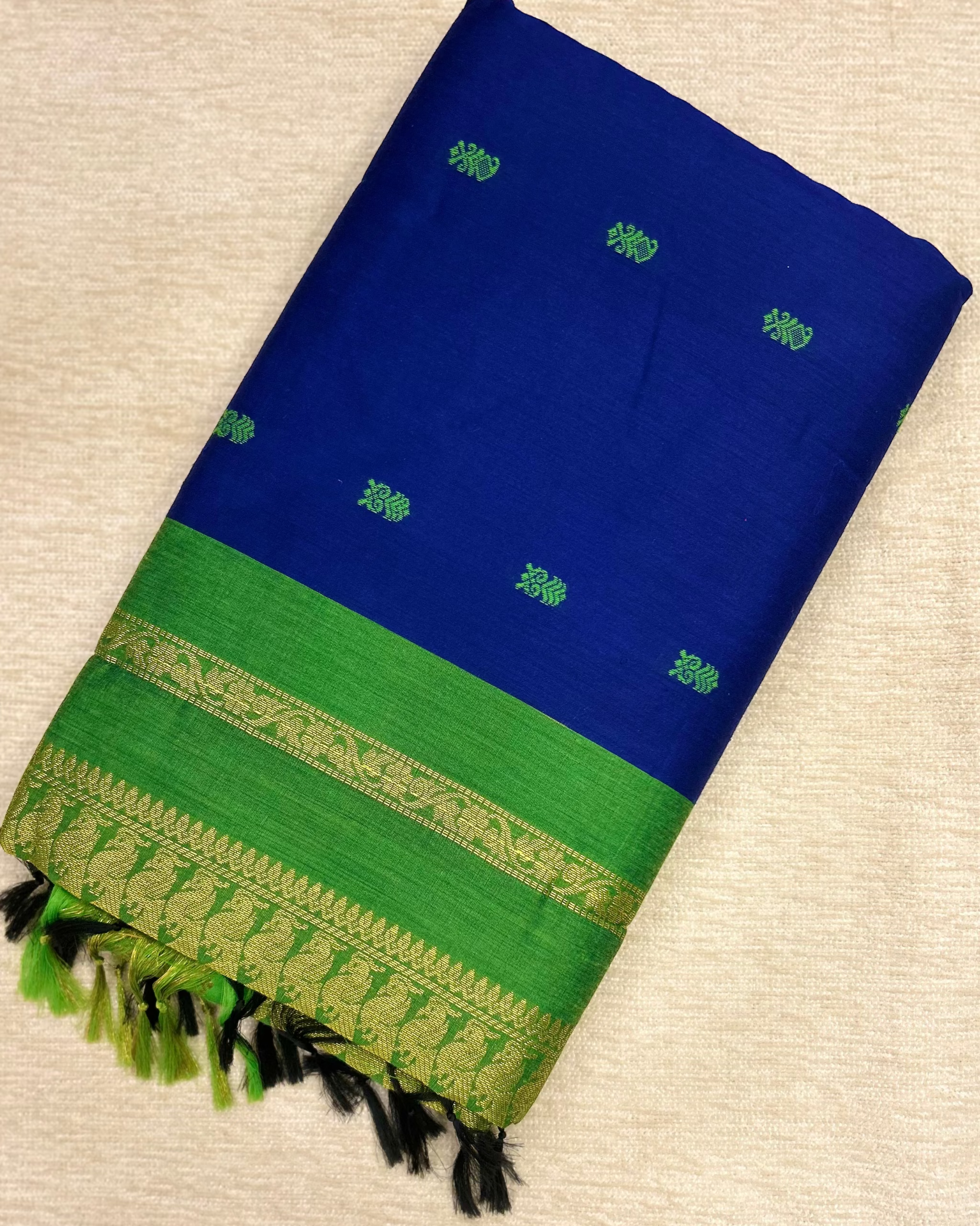 Kalyani Cotton Saree Blue and Green Butta and Contrast Border