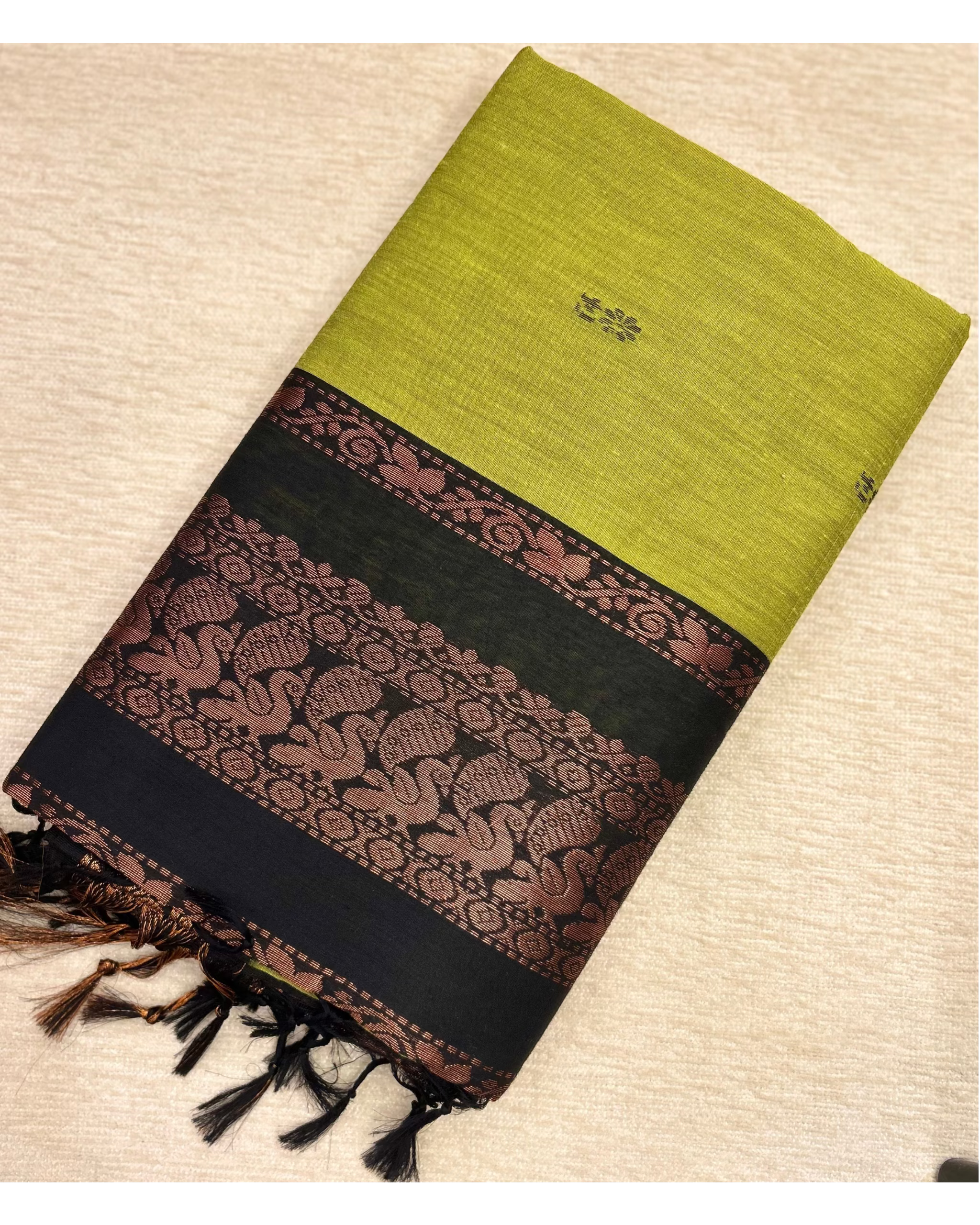 Kalyani Cotton Saree Olive Green and Dark Green Butta and Contrast Border