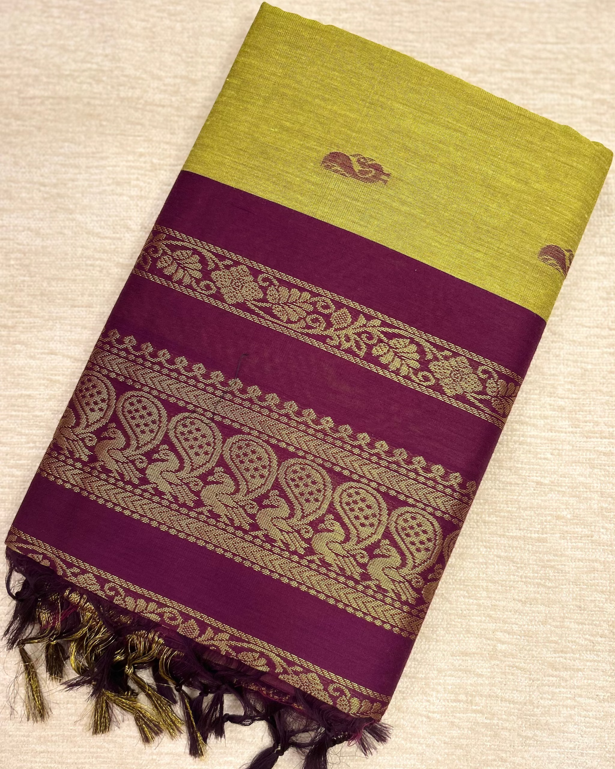 Kalyani Cotton Saree Olive Green and Magenta Butta and Contrast Border