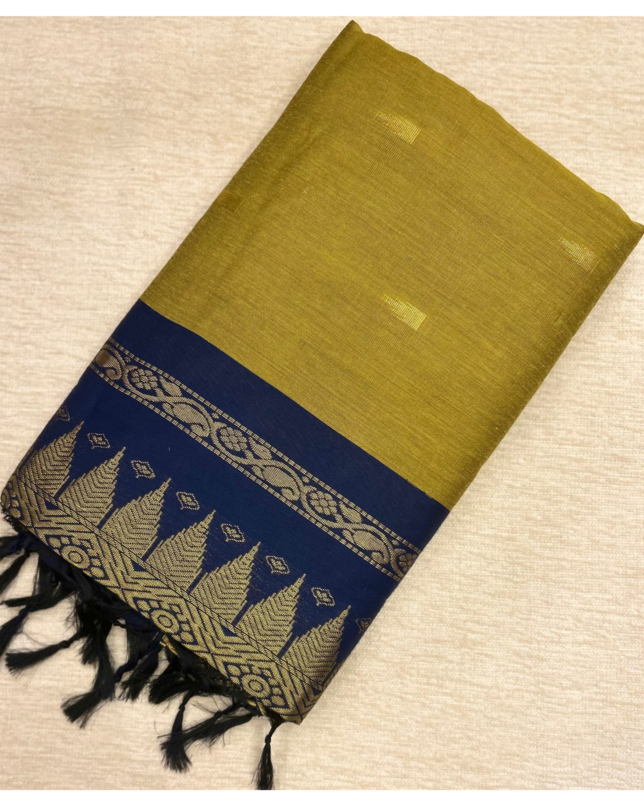 Kalyani Cotton Saree Olive Green and Navy Blue Contrast Butta and Border