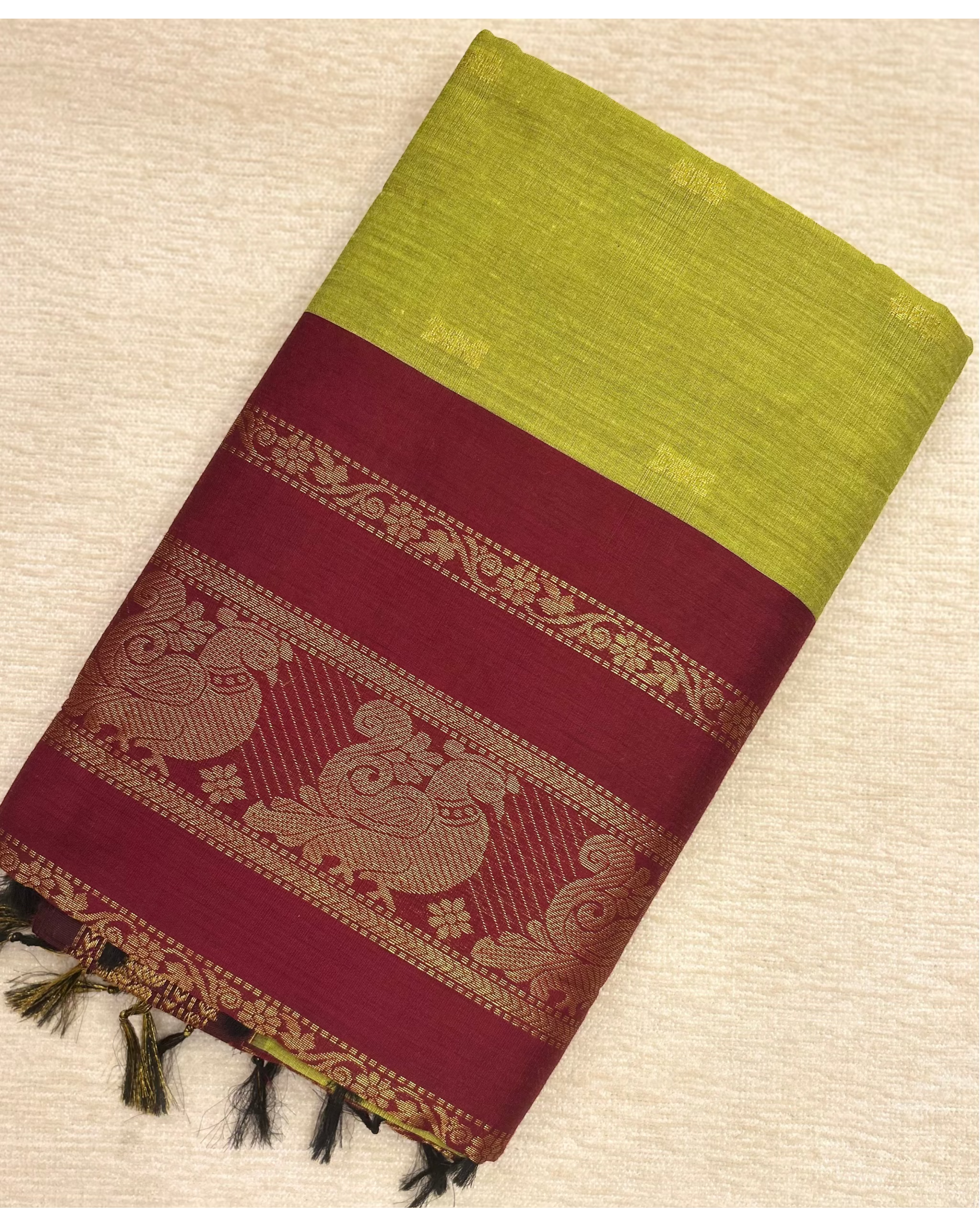 Kalyani Cotton Saree Olive Green and Red Zari Butta and Contrast Border
