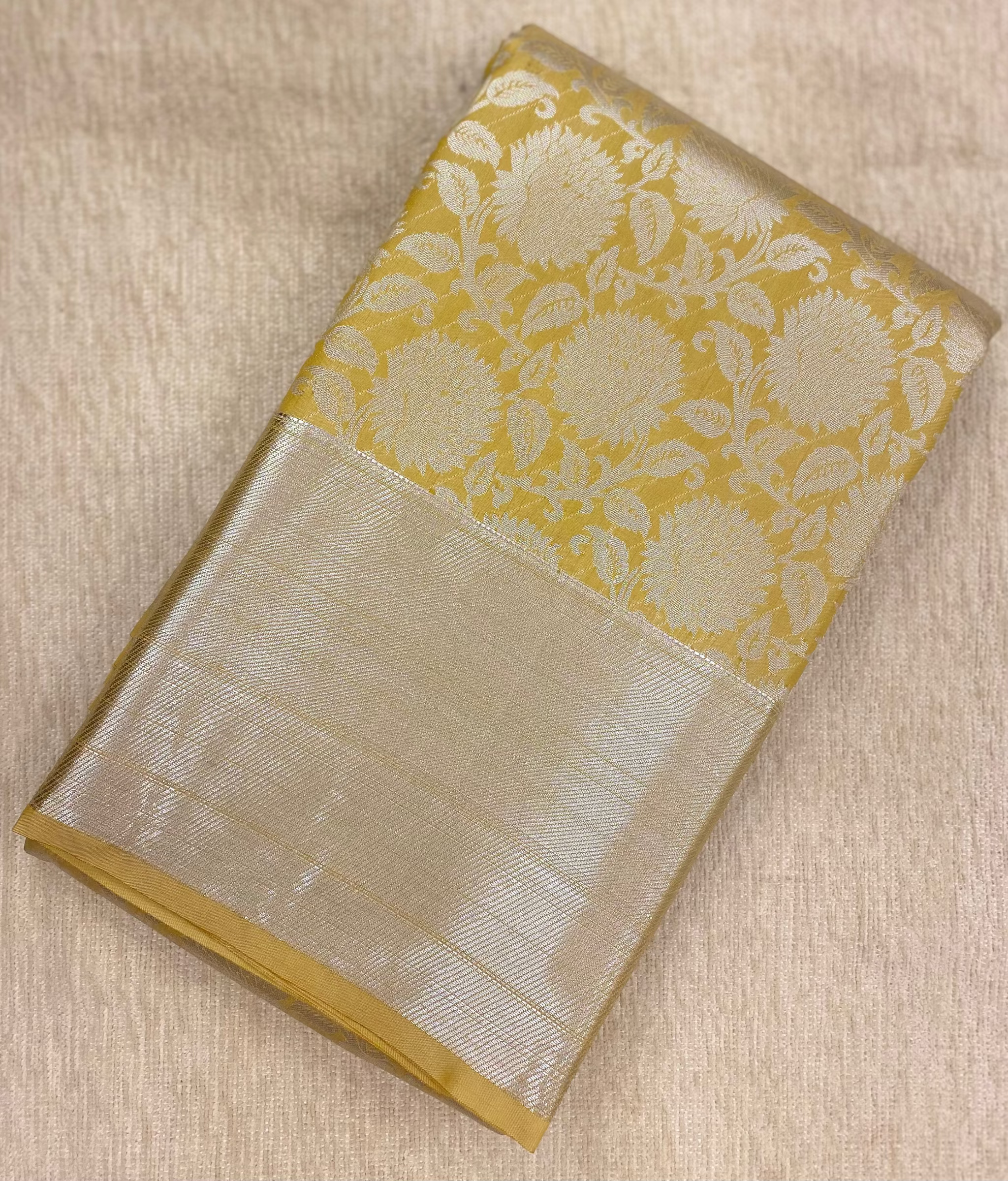 Kanchipuram Silk Saree with Silver Zari Border & Rich Pallu | Pastel Collection - Golden Yellow
