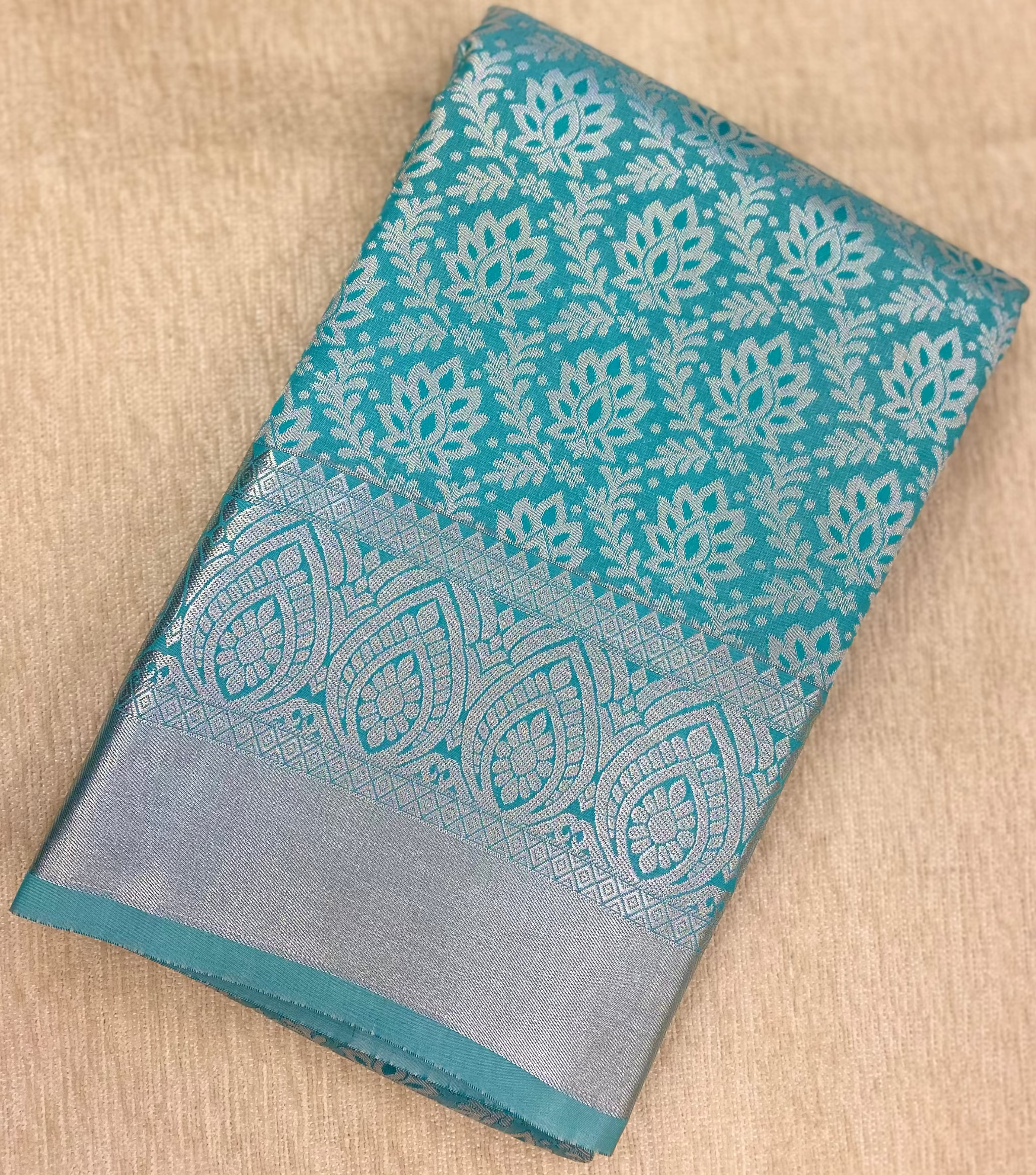 Kanchipuram Silk Saree with Silver Zari Border & Rich Pallu | Pastel Collection - Teal Blue