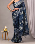 Linen Cotton Saree_Blue & White