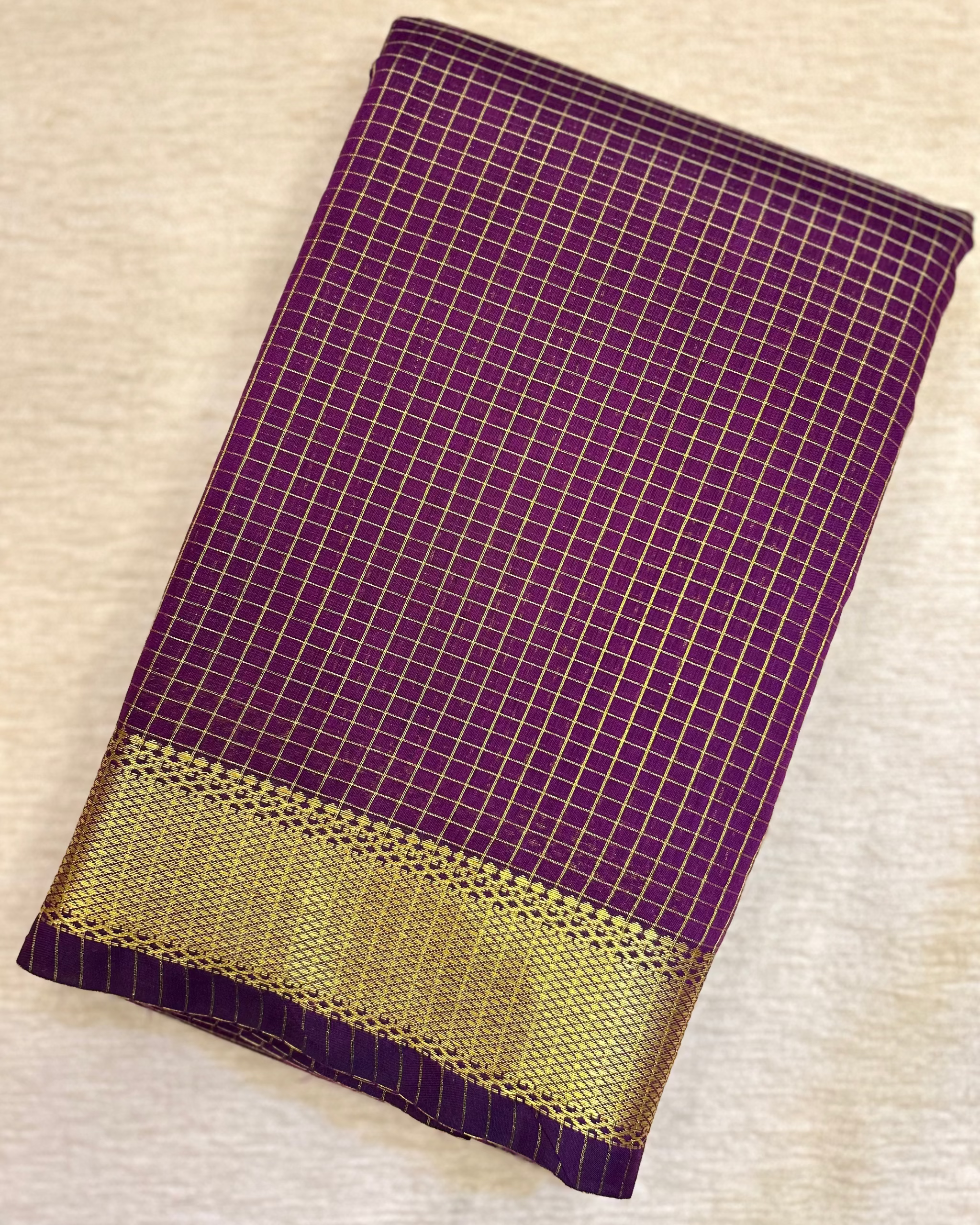 Maheshwari Cotton Checkered Saree Magenta with Zari Border