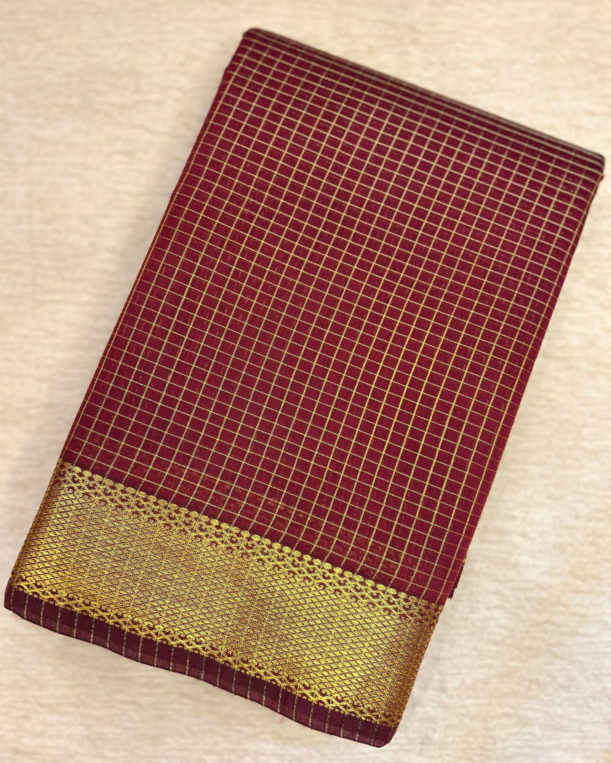 Maheshwari Cotton Checkered Saree Maroon with Zari Border