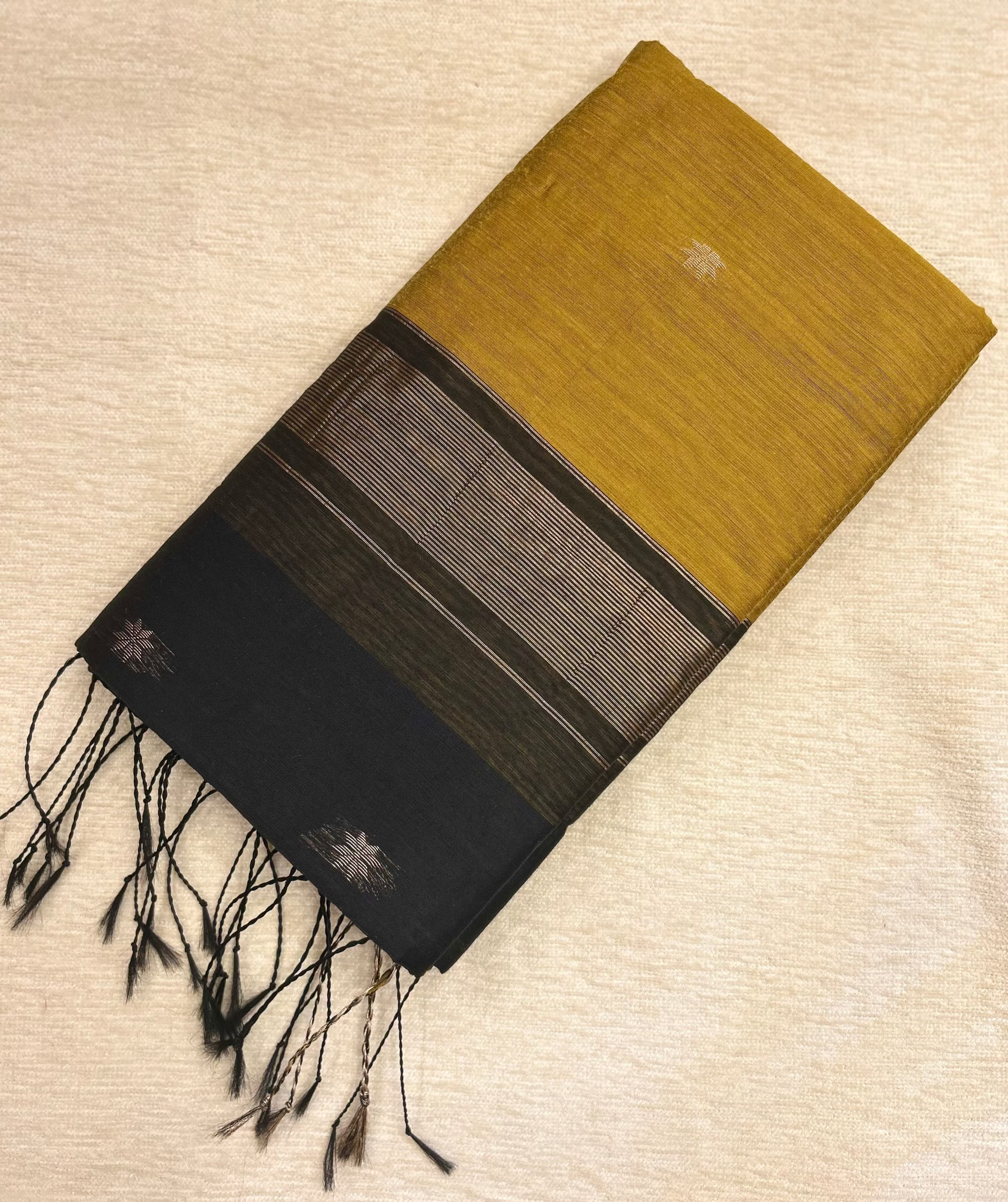 Maheshwari Cotton Saree Golden Yellow and Black with Zari Butta and Border