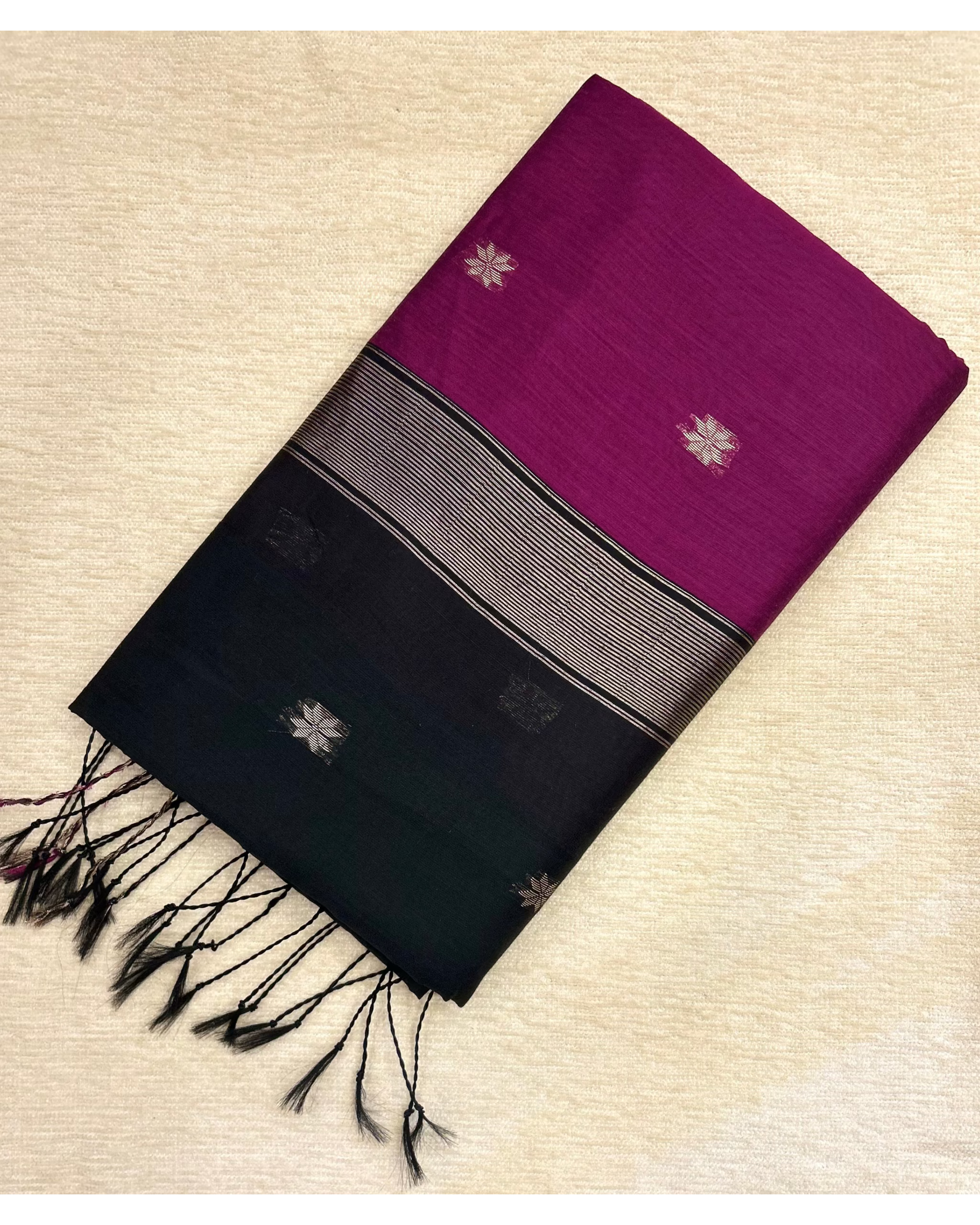 Maheshwari Cotton Saree Magenta and Black with Zari Butta and Border
