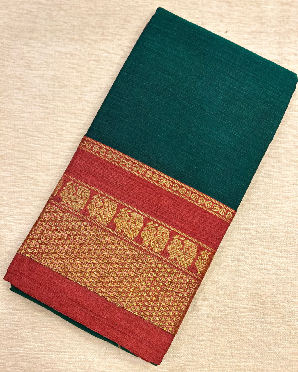 Narayanpet Cotton Saree Bottle Green with Maroon Zari Border