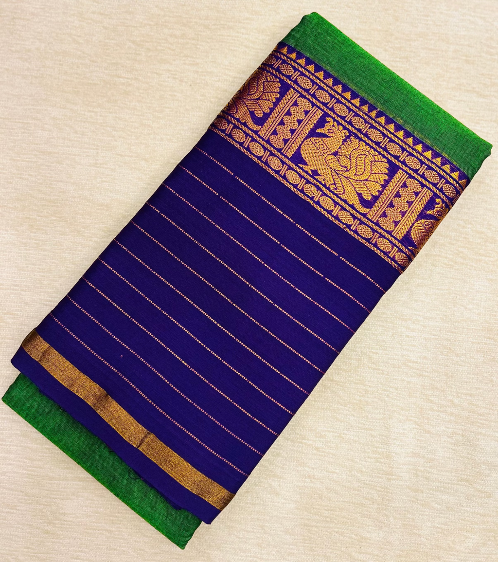 Narayanpet Mercerized Cotton Half & Half Saree – Green & Navy Blue