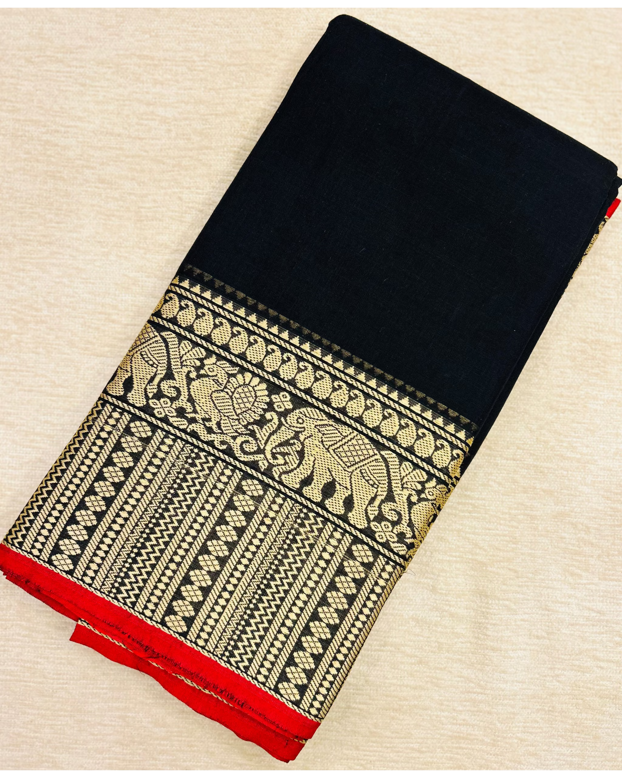 Narayanpet mercerized cotton saree Black with traditional elephant border