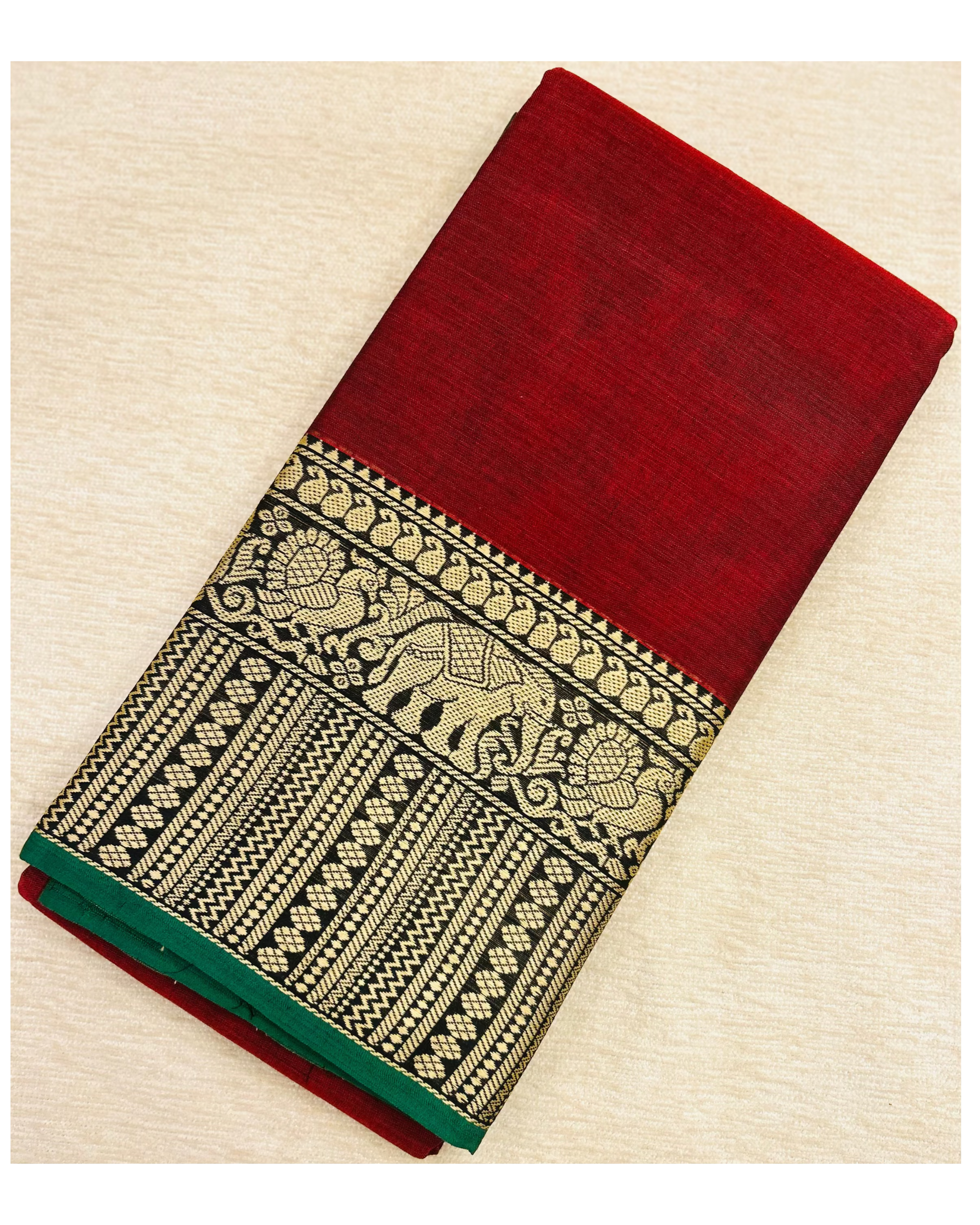 Narayanpet mercerized cotton saree Maroon and Green with traditional elephant border