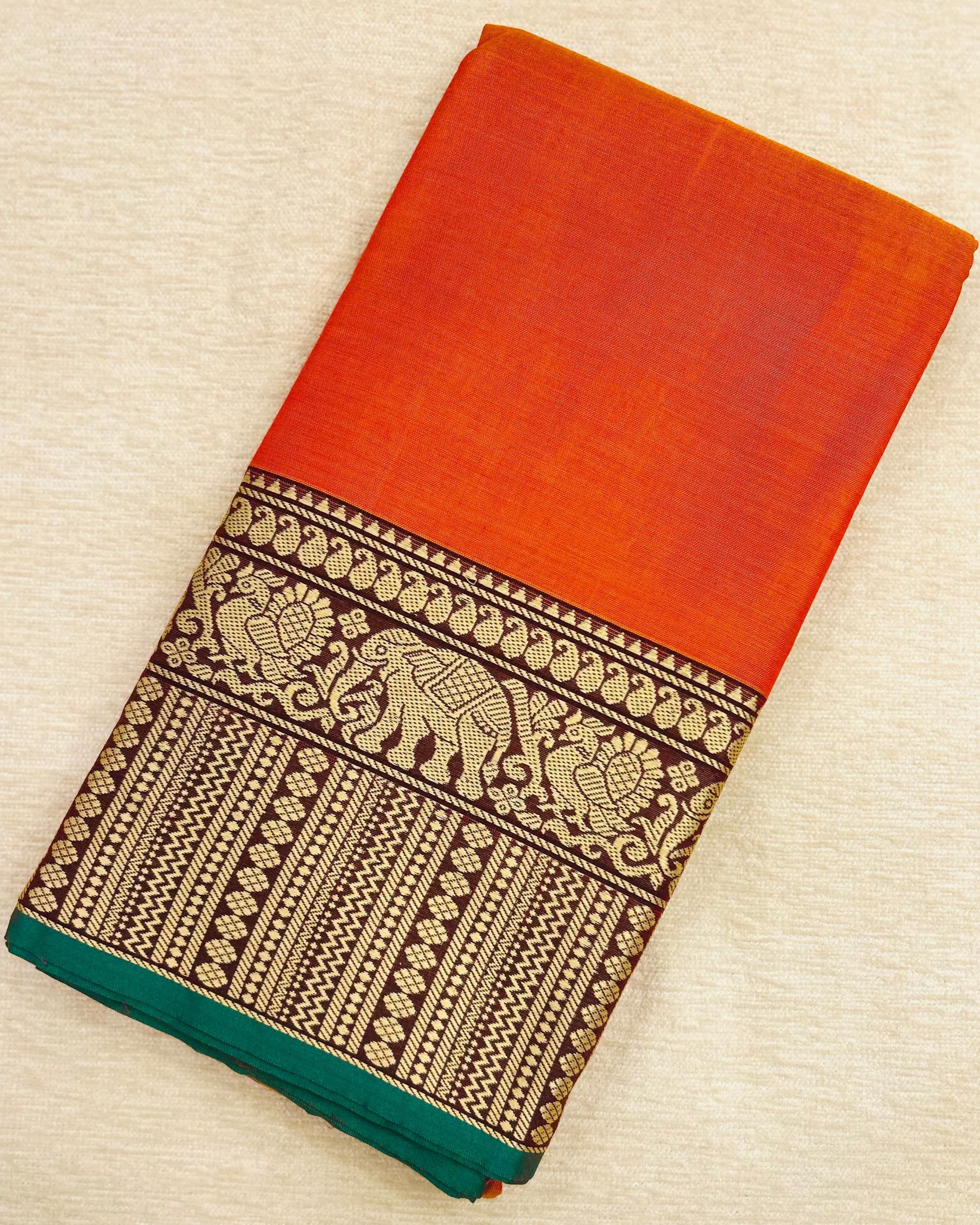 Narayanpet mercerized cotton saree Orange with traditional elephant border