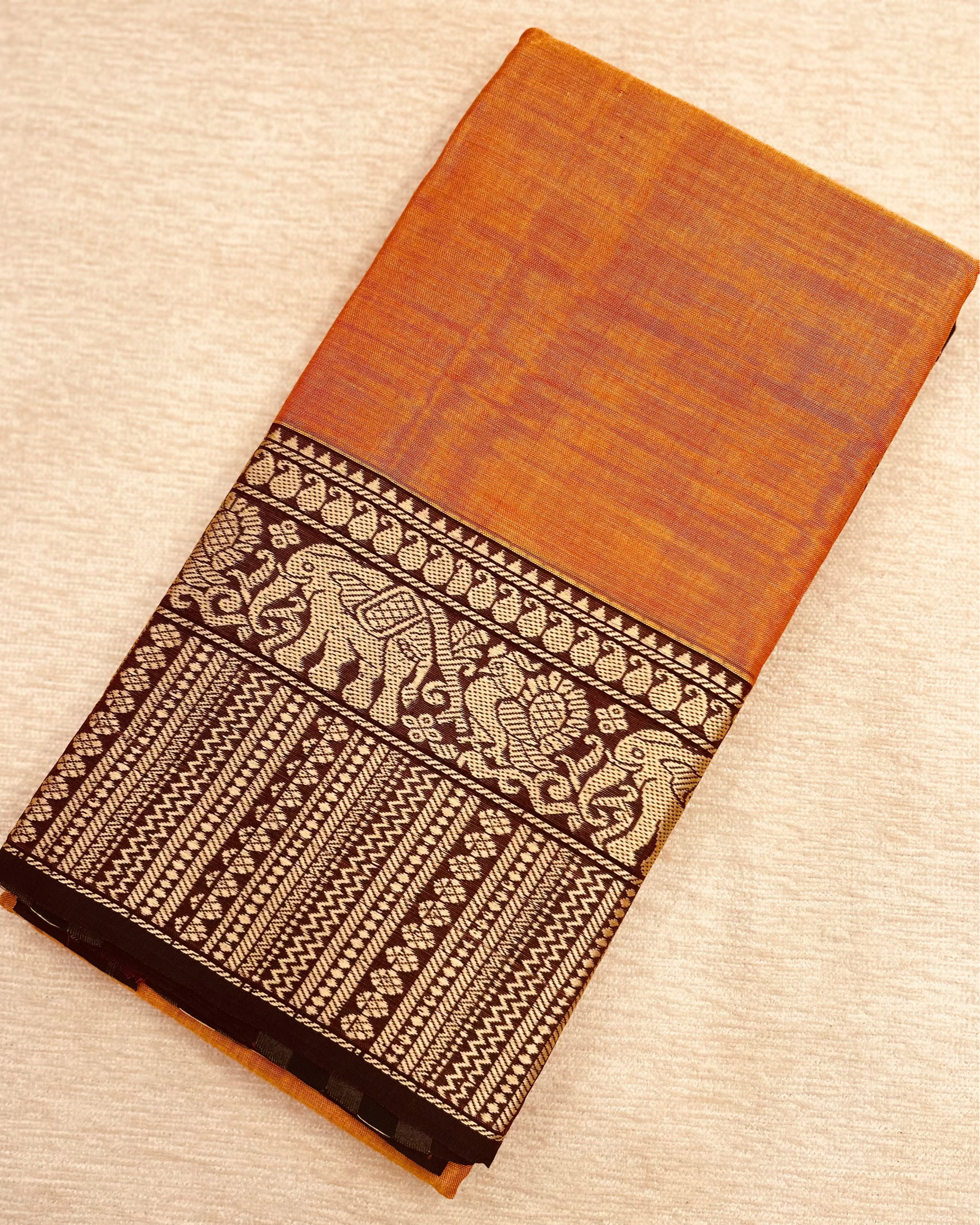 Narayanpet mercerized cotton saree Rust Orange & Maroon with traditional elephant border
