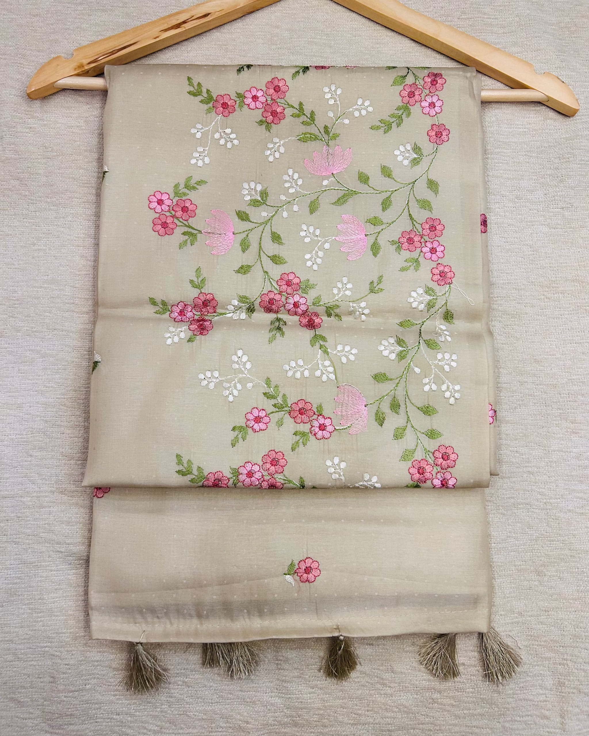 Organza Silk Saree with Floral Embroidery Beige