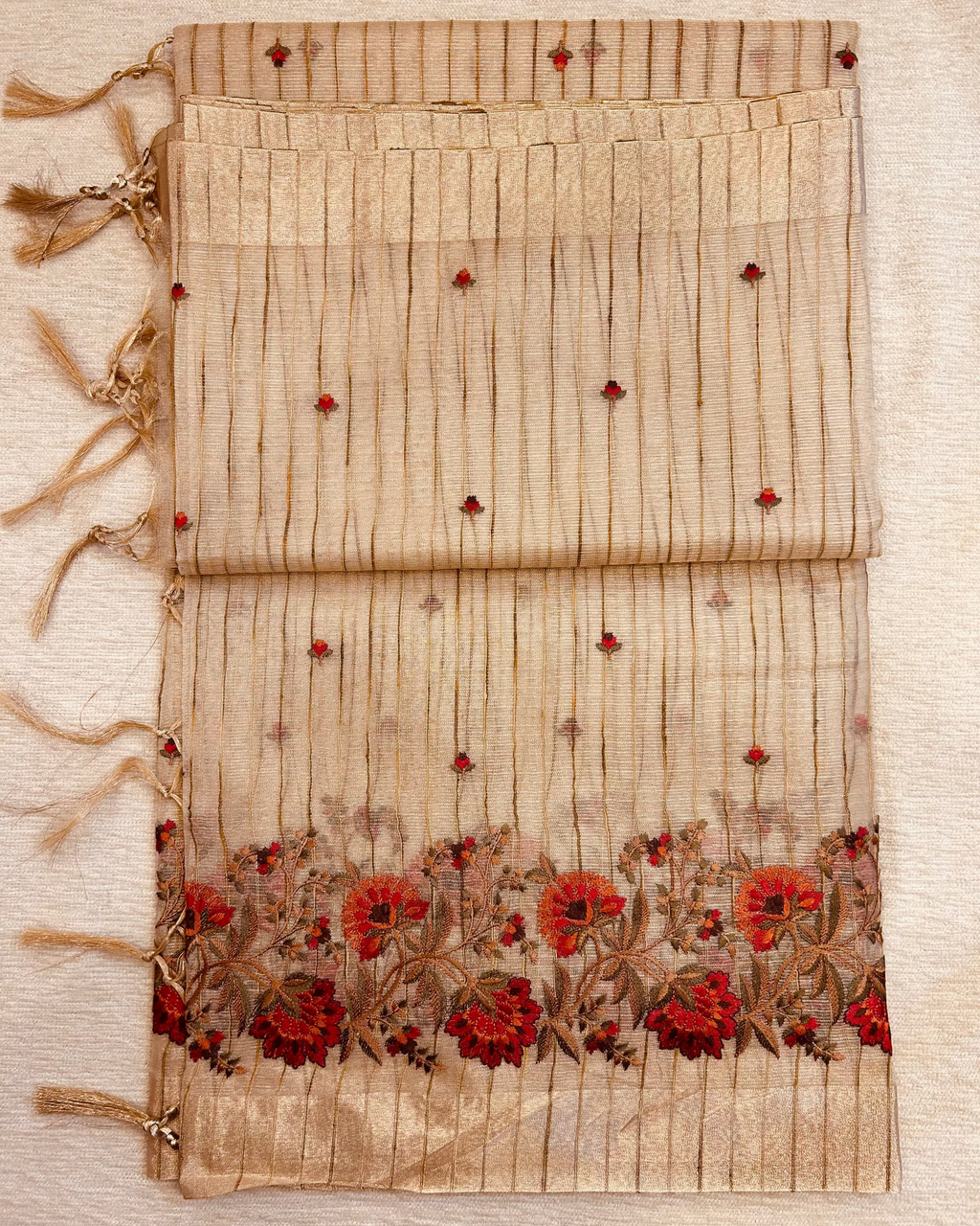 Tissue Silk Saree with Red Floral Thread Embroidery