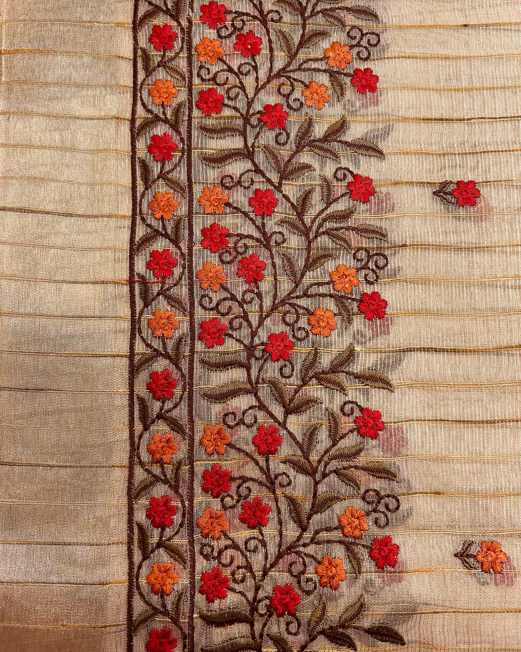 Tissue Silk Saree with Red (small) Floral Thread Embroidery-closeup
