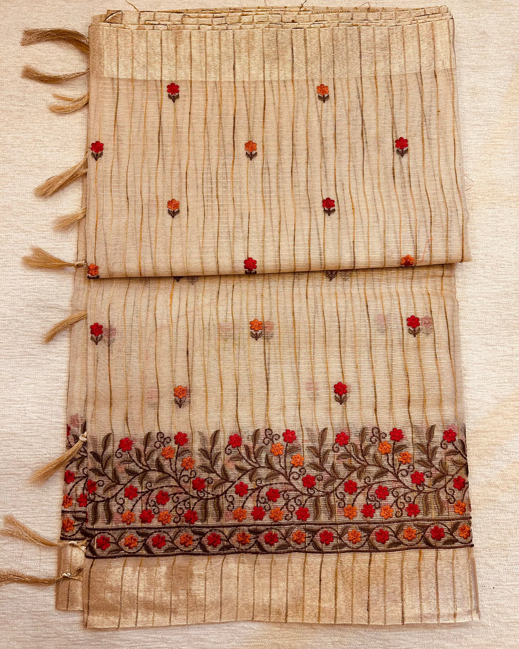 Tissue Silk Saree with Red (small) Floral Thread Embroidery-full